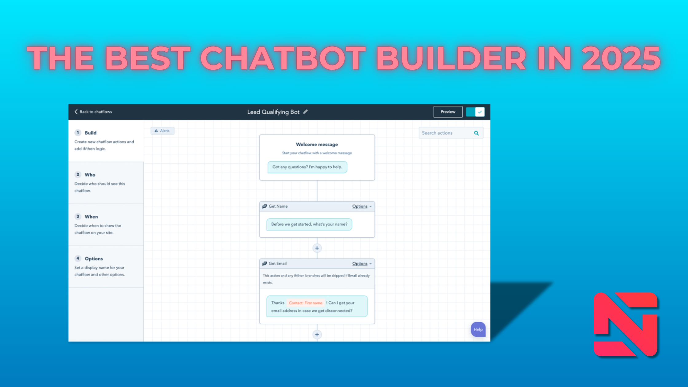 HubSpot's Chatbot Builder interface showing tools to create automated yet personalized chat experiences for businesses.